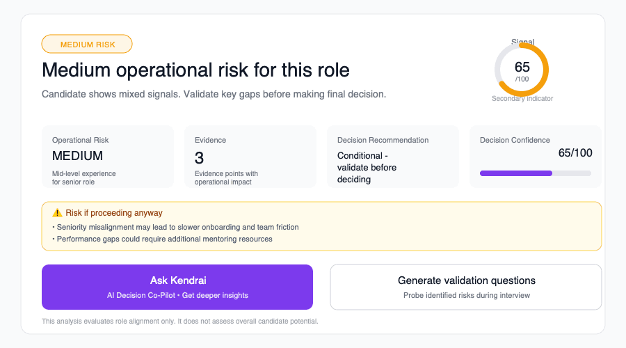 Decision verdict card showing hire recommendation with confidence score